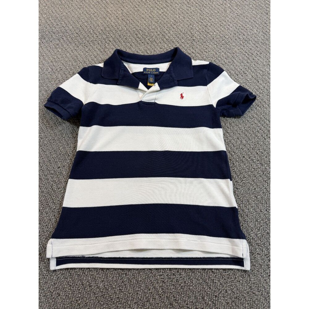 Boys Blue and White Striped Cotton Mesh Polo Shirt Size 6 Red Signature Pony
